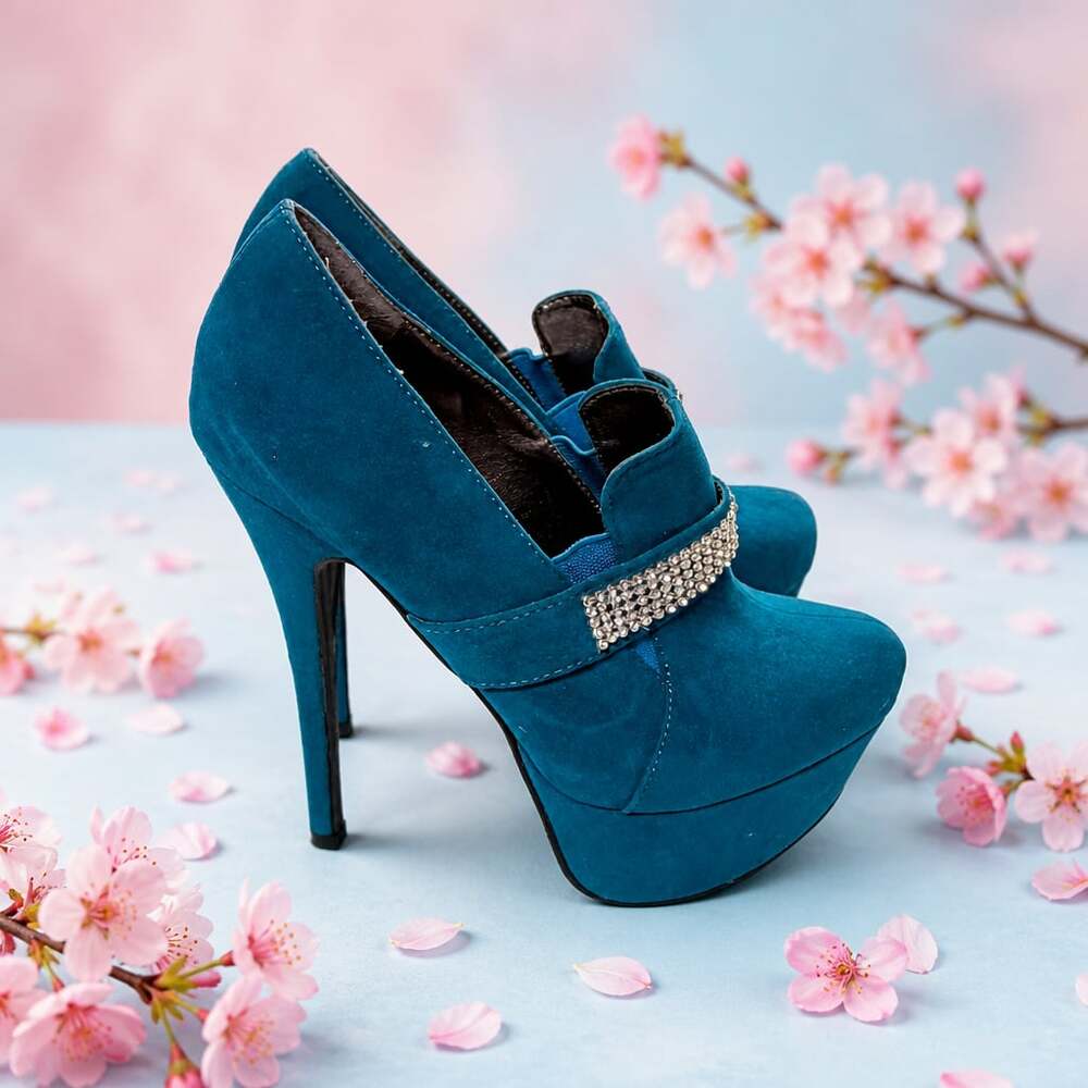 Mark & Maddux Teal Faux Suede Platform High Heel Pumps with Rhinestone Detail